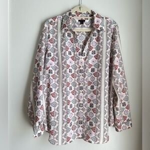 Ann Taylor Floral Button-Up Blouse - Red, Pink, Black, White